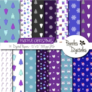 Purple Christmas Digital Paper Pack  / Lilac and Blue Printable Backgrounds - 14 Colors / Sheets - Instant Download 12&quot;x12&quot; JPG 300 dpi