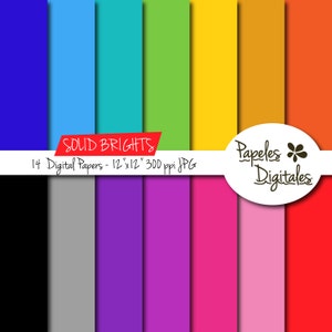 Brights Solid Digital Paper Pack - Digital Papers / Printable Backgrounds - 14 Colors / Sheets - Instant Download 12&quot;x12&quot; JPG 300 dpi