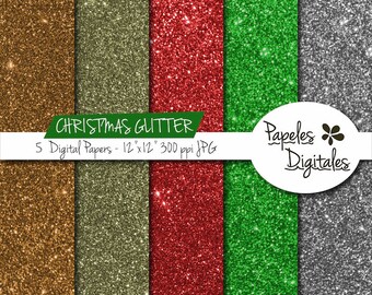 Christmas Glitter Digital Papers - Green, Red, Golden and Silver Printable Backgrounds - 5 Sheets Instant Download 12"x12" JPG 300 dpi