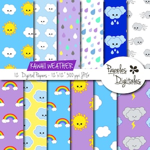 May include: Twelve digital papers featuring cute kawaii weather patterns. The patterns include rainbows, clouds, suns, and raindrops. The papers are 12 inches by 12 inches and 300 pixels per inch.