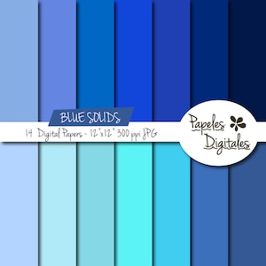 Blue Solids Digital Paper Pack - Digital Papers / Printable Backgrounds - 14 Shades / Sheets Instant Download 12"x12" JPG 300 dpi