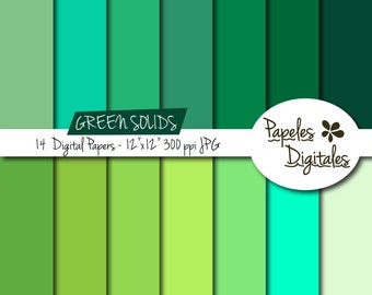 Green Solids Digital Paper Pack - Digital Papers / Printable Backgrounds - 14 Shades / Sheets Instant Download 12"x12" JPG 300 dpi