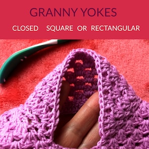 May include: Close-up of a purple crocheted granny square yoke, showing the open neckline. The yoke is made with a simple stitch pattern and is perfect for adding a touch of handmade charm to any project.