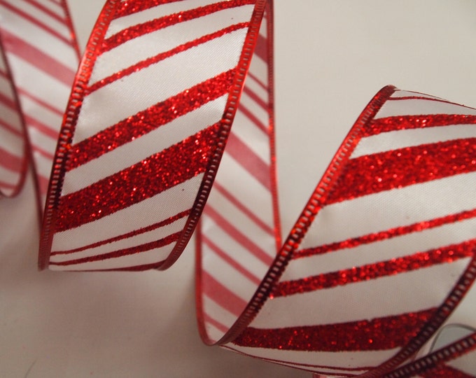 5 Yards Red White Candy Cane Glitter Stripe 1 12 Wired Ribbon Christmas Tree Wreath Lantern Bow Gift Floral Home Decor 5 yds