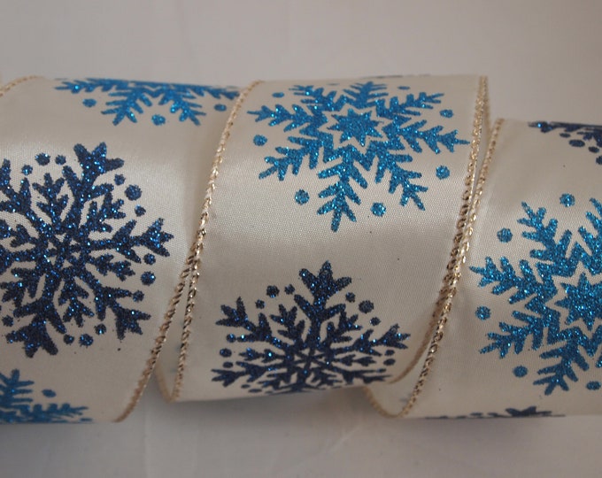 5 Yards Ivory Blue Snowflake 2 12 Wired Ribbon Christmas Winter Wreath Lantern Bow Floral Home Decor