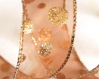 5 Yards Sheer Brown Glitter Polka Dot 1 1/2" Wired Ribbon Fall Wreath Lantern Bow Floral Home Decor 5 yds