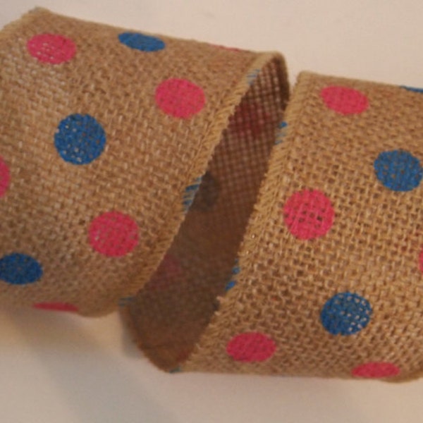 5 Yards Natural Burlap 2 1/2" Wired Ribbon w/ Blue Pink Polka Dots Spring Summer Wreath Lantern Bow, Baby Shower, Home Decor 5yds