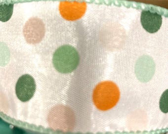 5 Yards White Green Orange Polka dot 1 1/2" Wired Ribbon Easter Wreath Lantern Bow Basket Floral Home Decor 5 yds