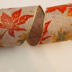 5 Yards Fall Orange Green Leaf 2 1/2" Wired Ribbon Linen Burlap Autumn Thanksgiving Wreath Lantern Bow Floral Ribbon Home Decor 5 yds