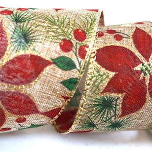 May include: A decorative Christmas ribbon with a festive design. The ribbon features red poinsettias, green pine needles, and red berries on a gold and beige background. The edges are trimmed with gold.