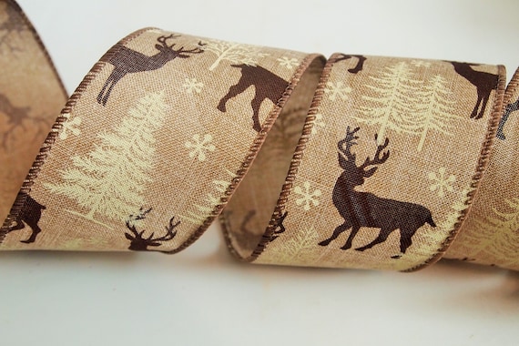 5 Yards Christmas Beige Brown Reindeer Trees Rustic Wired Ribbon 2 1//2/"W