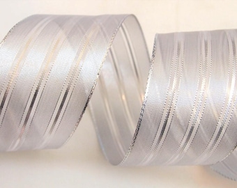 5 Yards Silver Stripe 2 1/2" Wired Ribbon Christmas Winter Wreath Lantern Bow Floral Home Decor