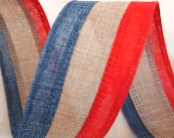 5 Yards Red Tan Blue Stripe 1 1/2" Wired Ribbon 4th July Wreath Lantern Bow Party Gift Floral Home Decor 5 yds