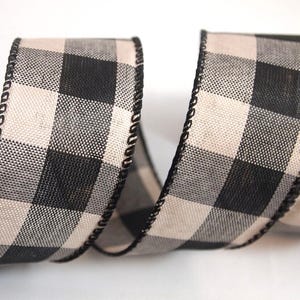 Cinta de alambre de 5 yardas a cuadros negros y beige de 1 1/2" para guirnalda de árbol de Navidad, farol, lazo floral para decoración del hogar.