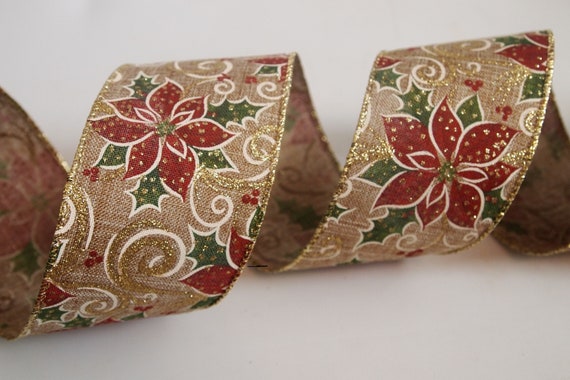 5 Yards Christmas Beige Brown Reindeer Trees Rustic Wired Ribbon 2 1//2/"W