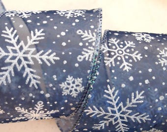 Cinta con alambre de 5 yardas con diseño de copos de nieve azules y blancos de 2 1/2 pulgadas para guirnalda de árbol de Navidad, farol, lazo, decoración floral para el hogar.
