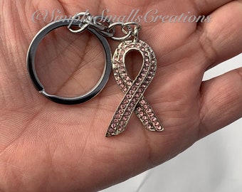 Pink ribbon rhinestone keychain, Pink Ribbon Key Chain, Breast Cancer Charm Key Ring