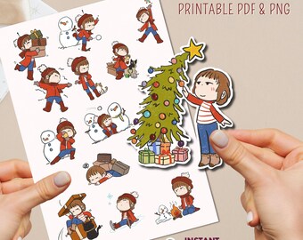 Christmas Doodle Girl Stickers: Winter Planner Stickers (PNG + PDF)