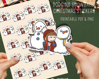 Funny Christmas Snowball Fight Sticker Sheet | Chotskibelle Winter Doodles (PNG, PDF)