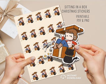 Funny Christmas Sticker Sheet | Black Cat, Girl in Gift Box (PNG + PDF)