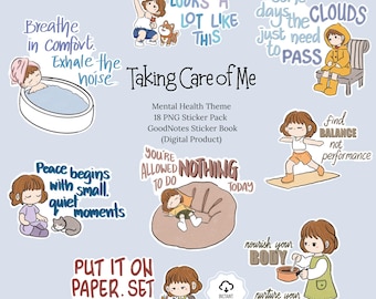 Mental Health PNG: Self Care Reminders + Inspirational Quote Digital Stickers for GoodNotes + Sticker Pack