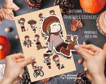 Autumn Girl and Squirrel Planner Stickers: Fall Journal Scrapbook (Digital)