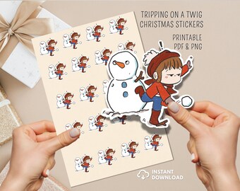 Funny Christmas Sticker Sheet | Chotskibelle Tripping Over Snowman (PNG + PDF)