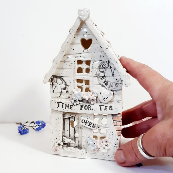 ceramic house 'Time for Tea' traditional country teahouse, tealight holder, gift, miniature house, country cottage