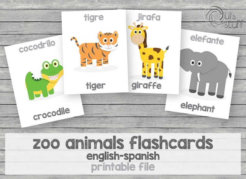 Printable young children zoo pets flashcards, english-spanish picture regarding Spanish to English Flashcards With Pictures Printable titled Printable young children zoo pets flashcards, english-spanish