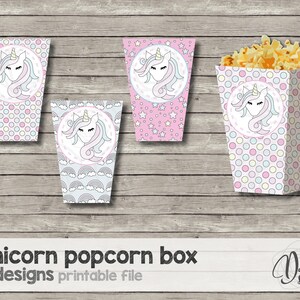 Printable unicorn popcorn box, popcorn box, unicorn party, unicorn birthday, printable popcorn box, printable unicorn favor box, party decor image 2