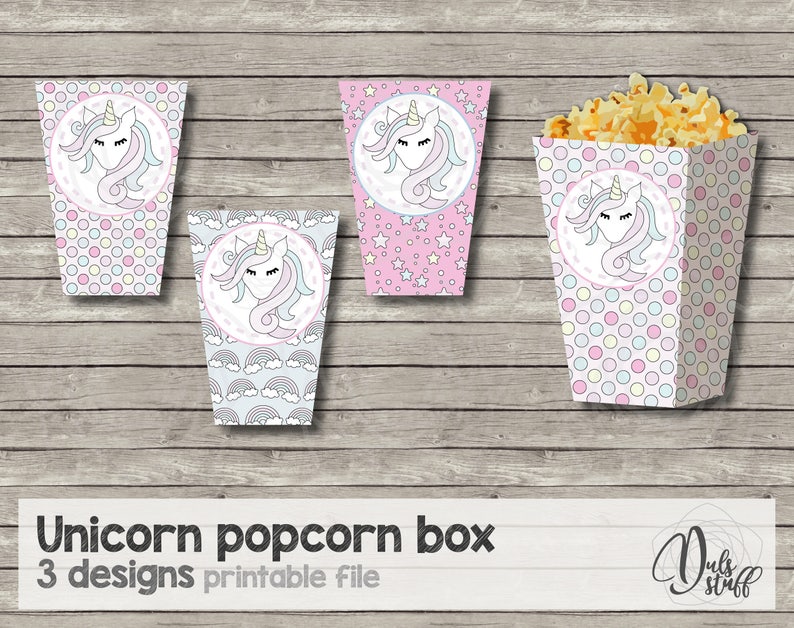 Printable unicorn popcorn box, popcorn box, unicorn party, unicorn birthday, printable popcorn box, printable unicorn favor box, party decor image 2