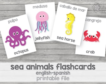 Printable kid’s sea animals flashcards, english-spanish