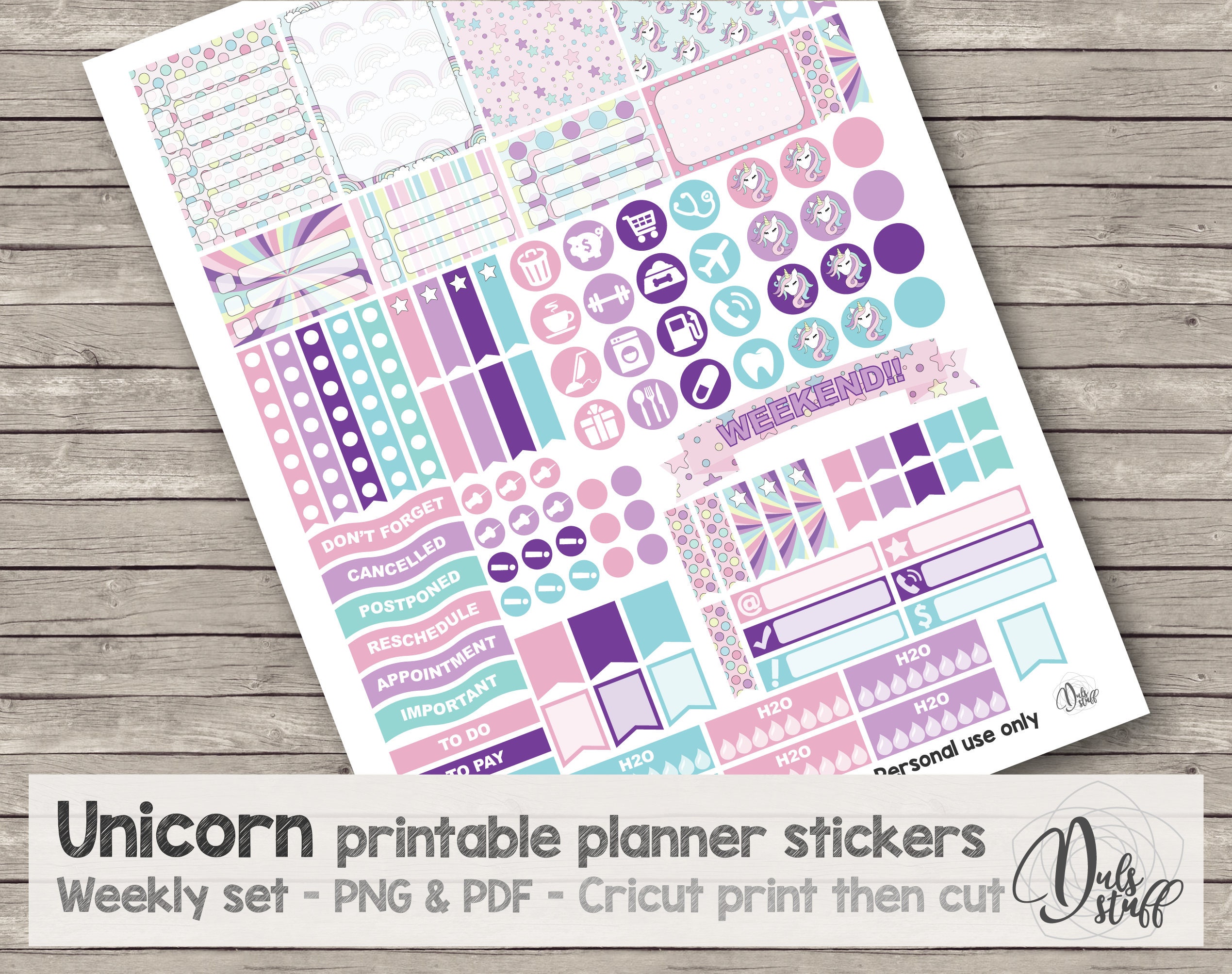 Digital planner stickers, printable stickers, happy planner, unicorn  stickers, weekly stickers, cricut cut, pink purple scrapbook stickers