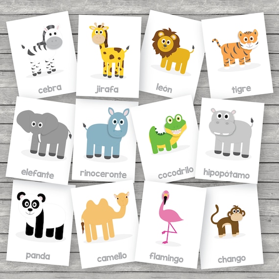 printable kids zoo animals flashcards spanish etsy