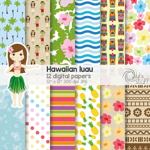 Hawaiian luau digital paper pack, hula, Hawaiian digital paper, Hawaiian flowers, luau totem