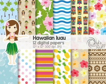 Hawaiian luau digital paper, hula, Hawaii, hawaiian flowers, luau totem
