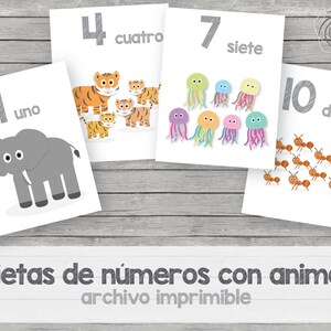 Printable animal number cards for kids in Spanish
