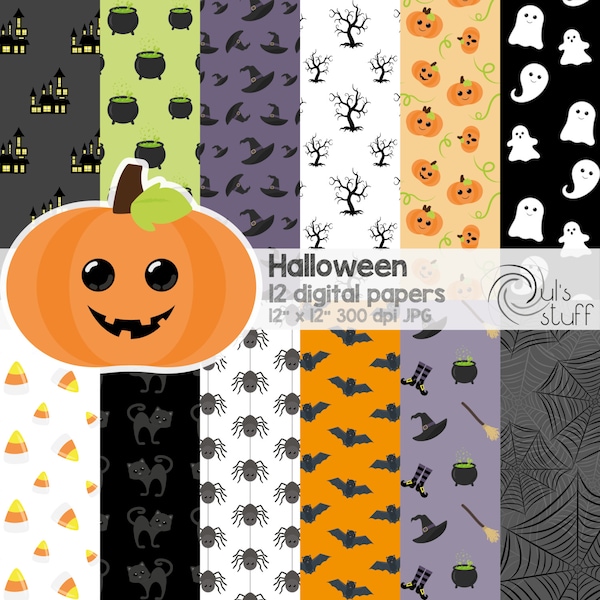 Halloween digital paper,  ghosts, pumpkins, bats, spiders, cobweb, witch hat, broom, cat