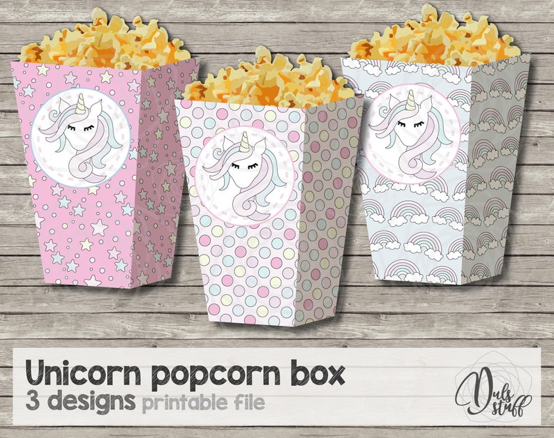 Printable unicorn popcorn box, popcorn box, unicorn party, unicorn birthday, printable popcorn box, printable unicorn favor box, party decor image 1