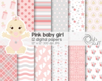 Pink Baby Girl Shower Digital Paper Pack, Instant Download, 12&quot; x 12&quot;
