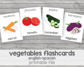 Printable kid’s vegetables flashcards, english-spanish