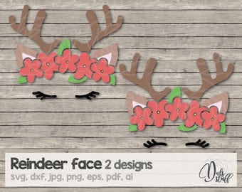 Reindeer face svg, reindeer face cricut, reindeer face silhouette, reindeer with flowers, cut file, svg, dxf, jpg, png, eps, pdf, ai