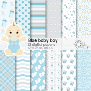 Baby Shower Boy Digital Paper Pack, Blue, Instant Download, 12" x 12"