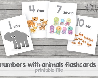 Printable kid’s numbers with animals flashcards, english.