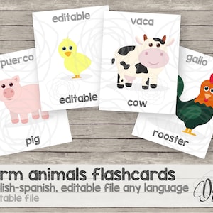 Printable kids farm animals flash cards, english and spanish, printable worksheets, toddler learning, preschool learning, editable, farm