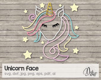 Unicorn face svg, unicorn face with colorful mane, unicorn face cricut, cut files, svg, dxf, jpg, png, eps, pdf, ai