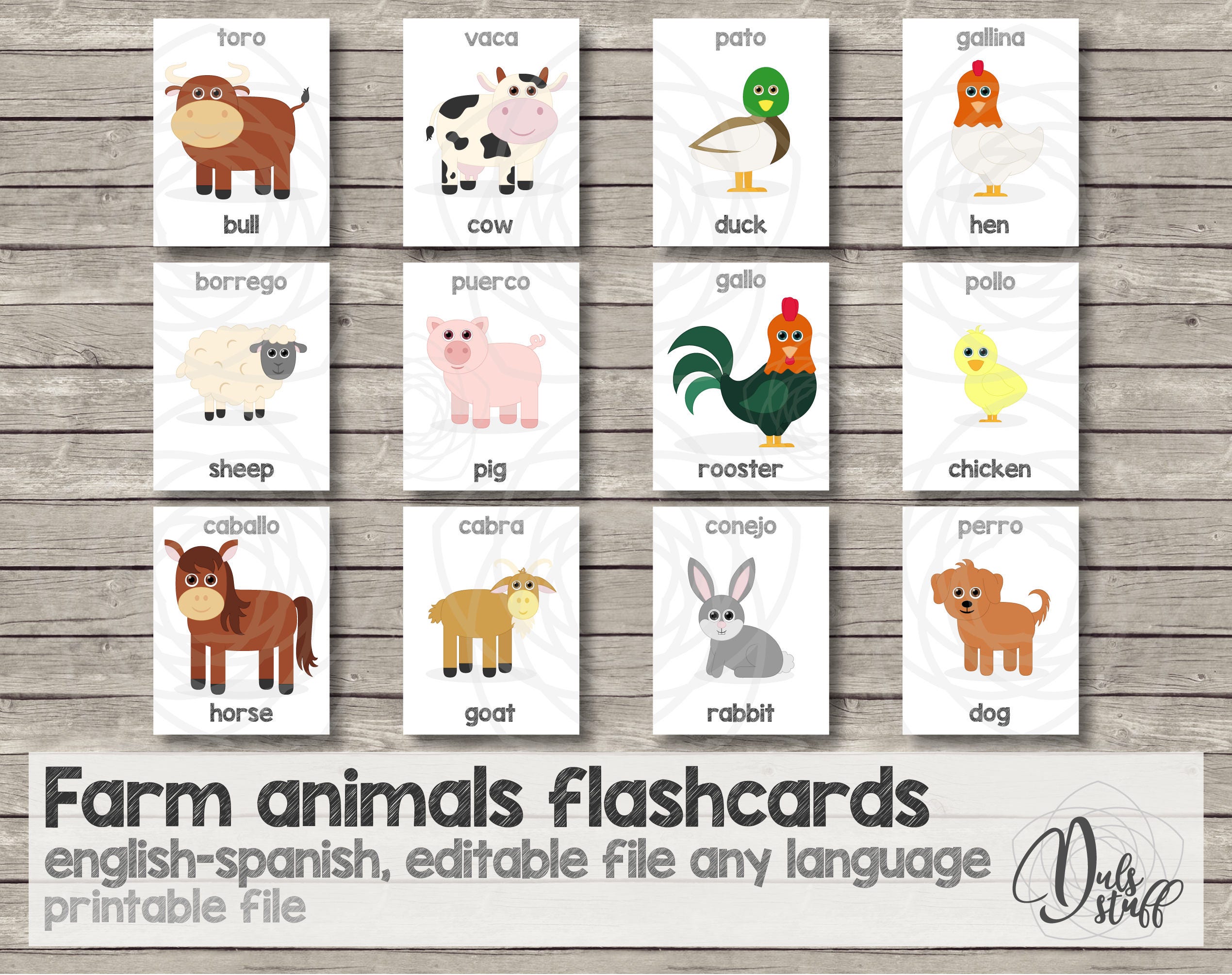 Printable kids farm animals flash cards english and