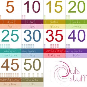 Printable number cards for kids, 5 to 50 by 5s, and 10 to 100 by 10s English-Spanish by 5s.