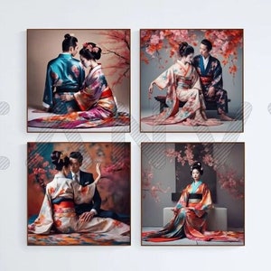 Beautiful Geisha in a flowers kimono Art Digital Download set 4 prints image 1