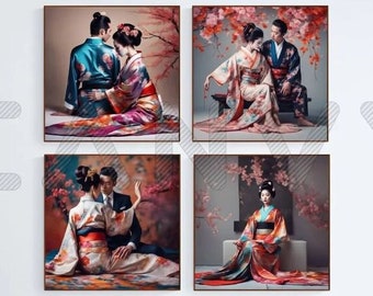 Beautiful Geisha in a flowers kimono Art Digital Download set 4 prints